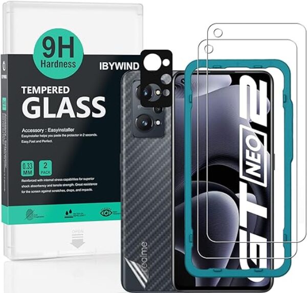 IBYWIND Pellicola Protettiva per Realme GT Neo 2/GT 2/GT Neo 3T 5G,con 2 Pezzi in Vetro Temperato,1 Protezione per Obiettivo Fotocamera,1 Pellicola di Supporto in Fibra di Carbonio